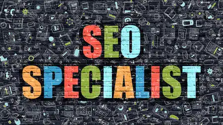 64178325 - multicolor concept - seo specialist on dark brick wall with doodle icons. modern illustration in doodle style. seo specialist business concept. seo specialist on dark wall.